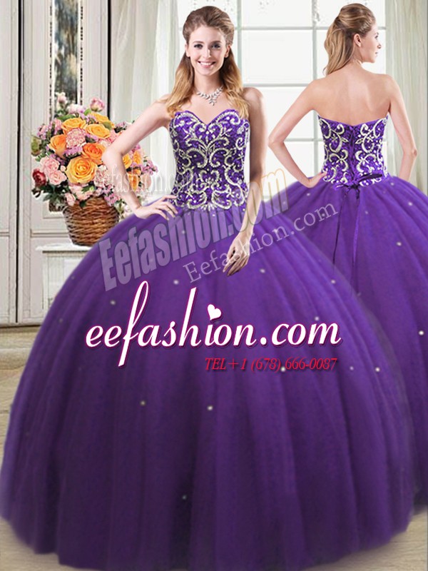  Purple Ball Gowns Beading Sweet 16 Dresses Lace Up Tulle Sleeveless Floor Length