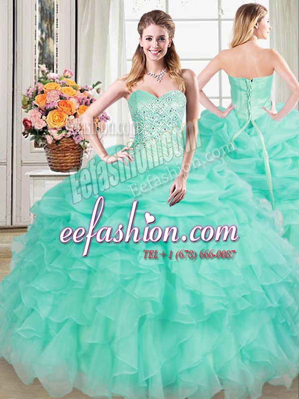  Organza Sweetheart Sleeveless Lace Up Beading and Ruffles and Pick Ups 15 Quinceanera Dress in Apple Green