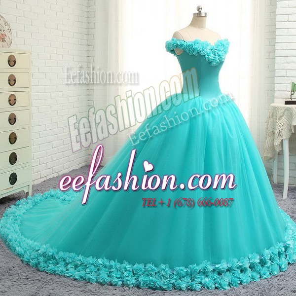  Aqua Blue Ball Gowns Tulle Off The Shoulder Cap Sleeves Hand Made Flower With Train Lace Up Sweet 16 Quinceanera Dress Court Train