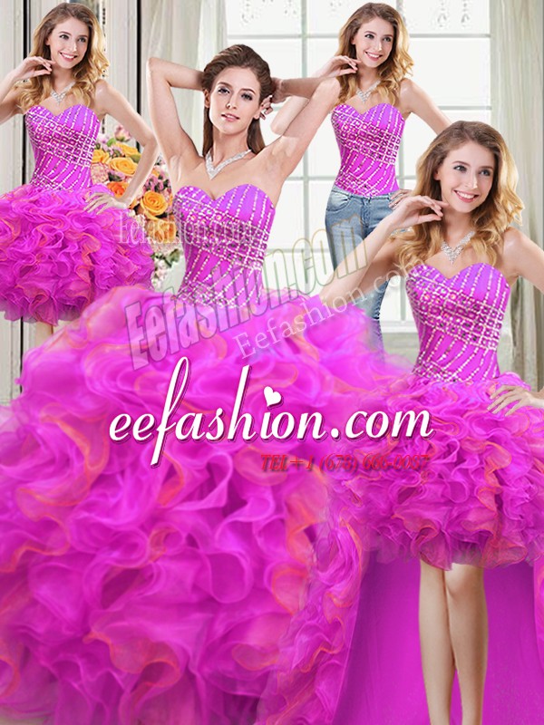  Four Piece Multi-color Ball Gowns Beading and Ruffles Quinceanera Gown Lace Up Organza Sleeveless Floor Length