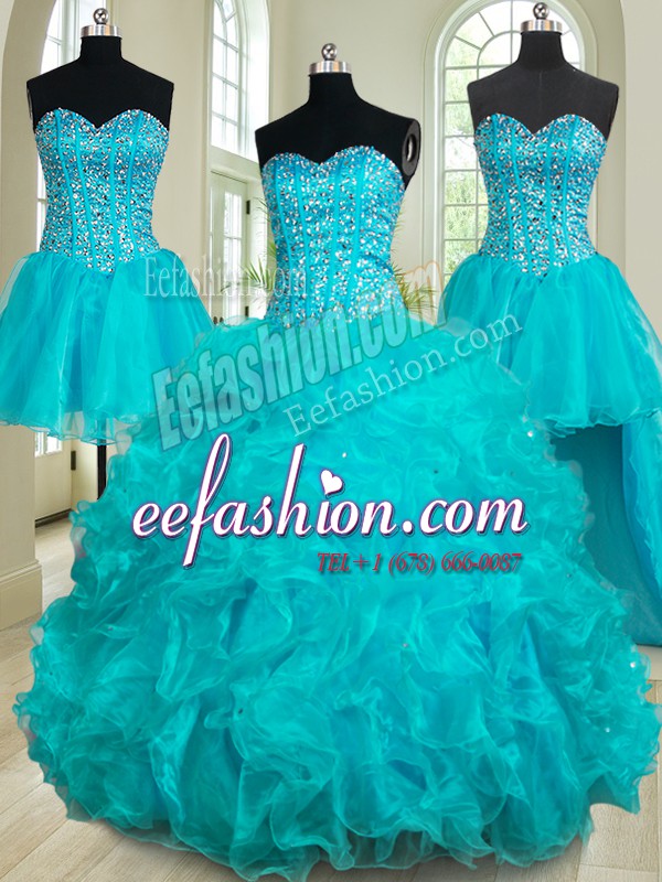  Four Piece Organza Sweetheart Sleeveless Lace Up Beading and Ruffles Quinceanera Dress in Teal