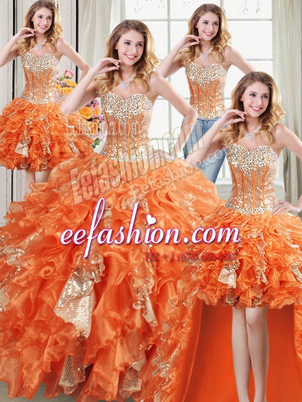 Extravagant Four Piece Floor Length Lace Up Quince Ball Gowns Orange for Military Ball and Sweet 16 and Quinceanera with Beading and Ruffles and Sequins