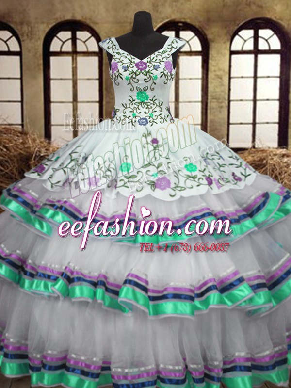 Superior Ruffled Ball Gowns Quinceanera Dress White Straps Organza and Taffeta Sleeveless Floor Length Lace Up