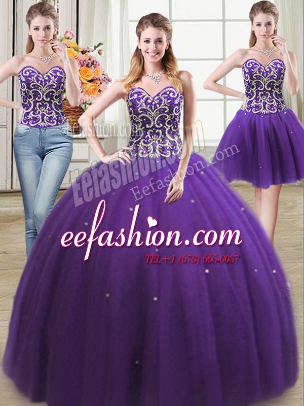  Three Piece Purple Tulle Lace Up Sweetheart Sleeveless Floor Length 15th Birthday Dress Beading