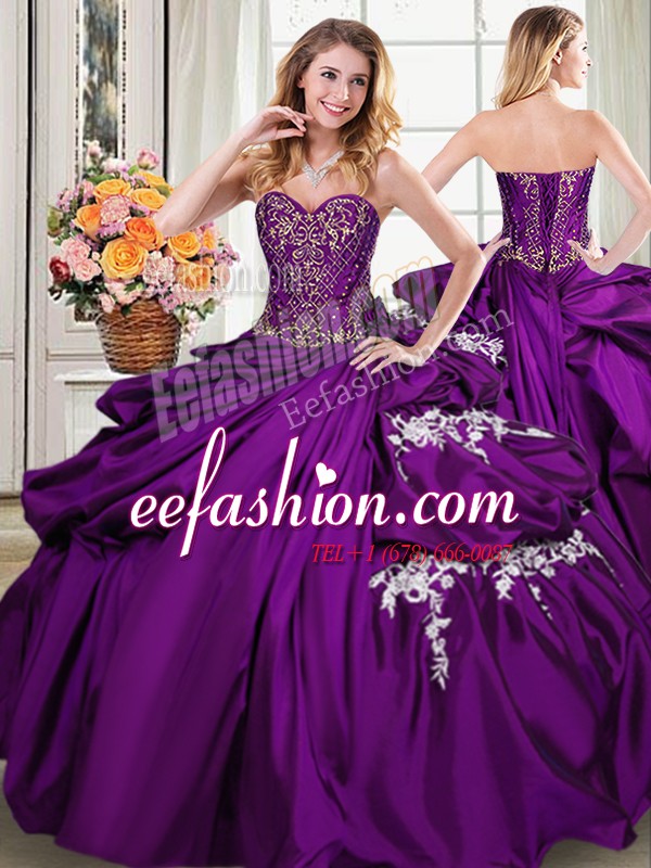  Purple Sweetheart Neckline Beading and Appliques and Pick Ups 15th Birthday Dress Sleeveless Lace Up