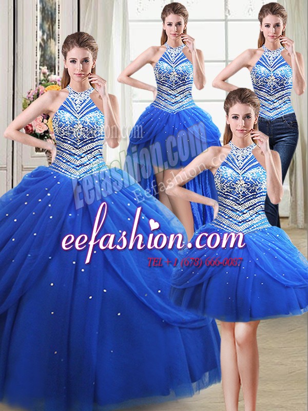 Eye-catching Four Piece Halter Top Royal Blue Tulle Lace Up Quinceanera Gown Sleeveless Floor Length Beading and Pick Ups