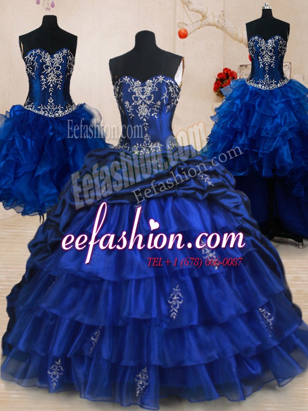  Four Piece Royal Blue Ball Gowns Sweetheart Sleeveless Organza and Taffeta With Brush Train Lace Up Beading and Ruffled Layers and Pick Ups 15th Birthday Dress