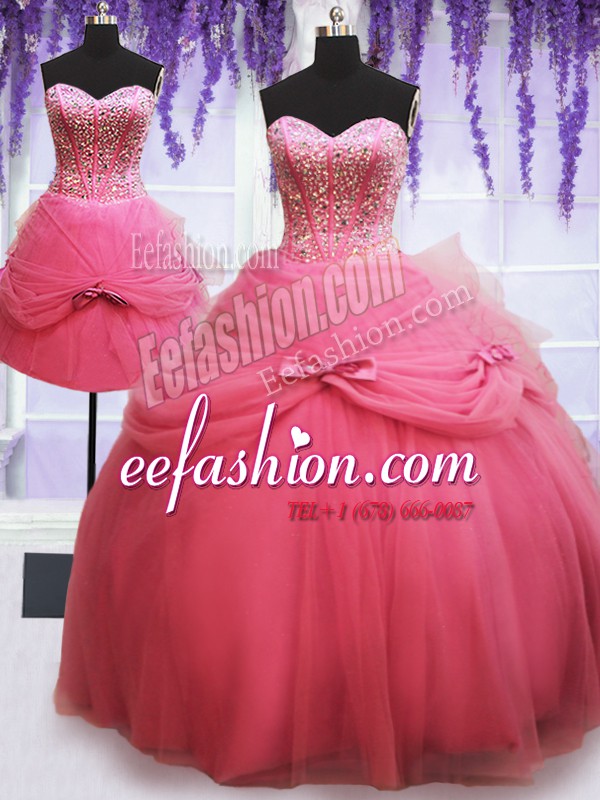  Three Piece Rose Pink Lace Up Sweetheart Beading and Bowknot Quinceanera Dresses Tulle Sleeveless