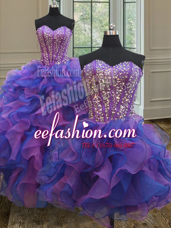  Three Piece Beading and Ruffles Quinceanera Dresses Blue and Purple Lace Up Sleeveless Floor Length
