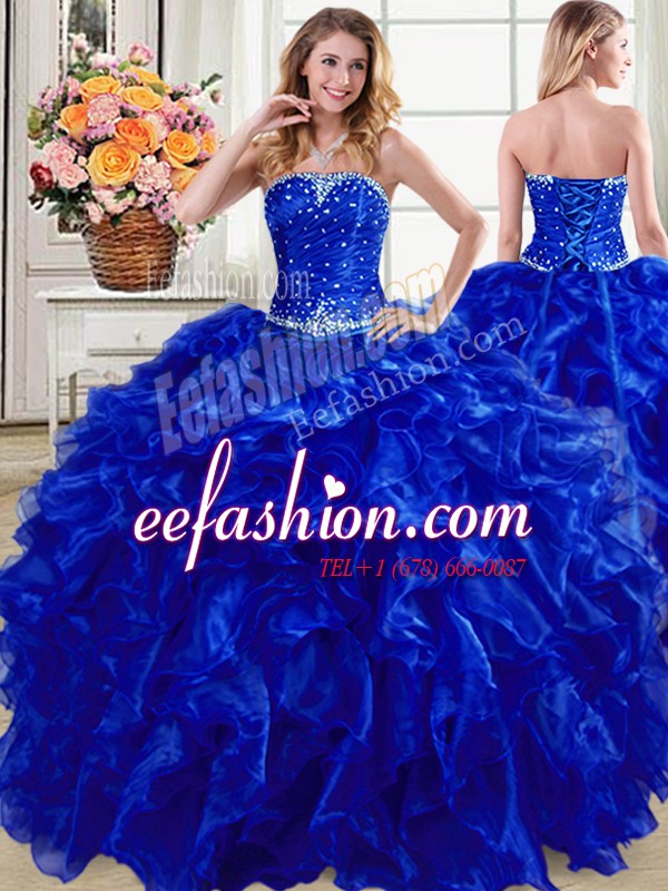 Stylish Royal Blue Strapless Neckline Beading and Ruffles Sweet 16 Dress Sleeveless Lace Up