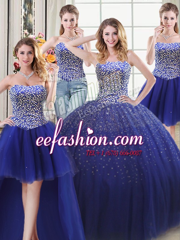 Dynamic Four Piece Sweetheart Sleeveless Quinceanera Gown Floor Length Beading Royal Blue Tulle