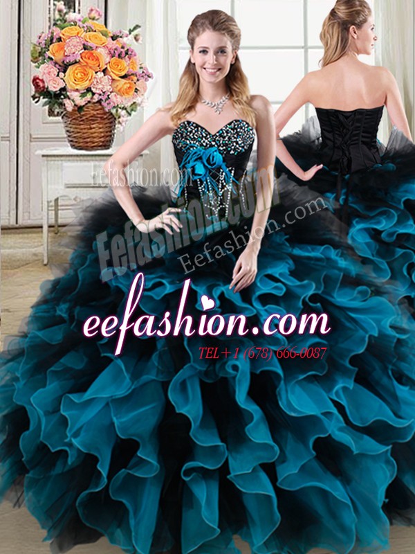  Organza and Tulle Sweetheart Sleeveless Lace Up Beading and Ruffles and Hand Made Flower Quinceanera Gown in Black and Blue