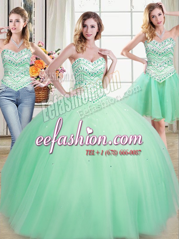 Clearance Three Piece Floor Length Lace Up Quinceanera Dresses Apple Green for Military Ball and Sweet 16 and Quinceanera with Beading