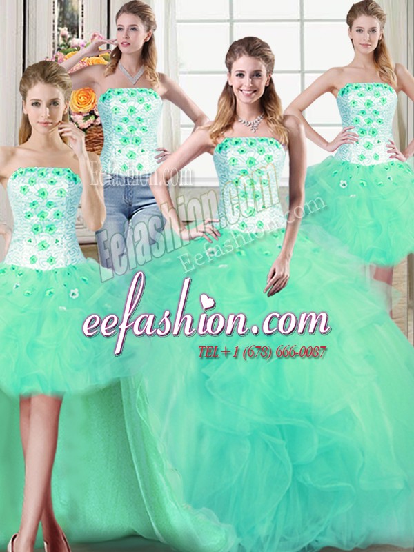 Adorable Four Piece Sleeveless Tulle Floor Length Lace Up Quince Ball Gowns in Turquoise with Beading and Appliques and Ruffles