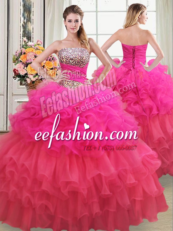 Trendy Multi-color Ball Gowns Organza Strapless Sleeveless Beading and Ruffles and Ruffled Layers and Sequins Floor Length Lace Up Sweet 16 Dress