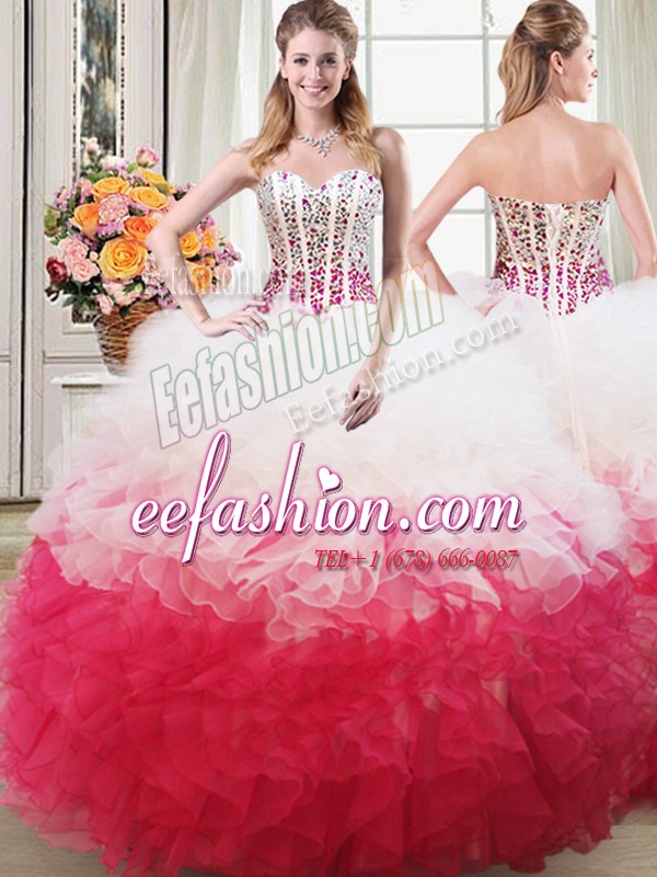 Gorgeous Pink And White Ball Gowns Organza Sweetheart Sleeveless Beading and Ruffles Floor Length Lace Up Vestidos de Quinceanera