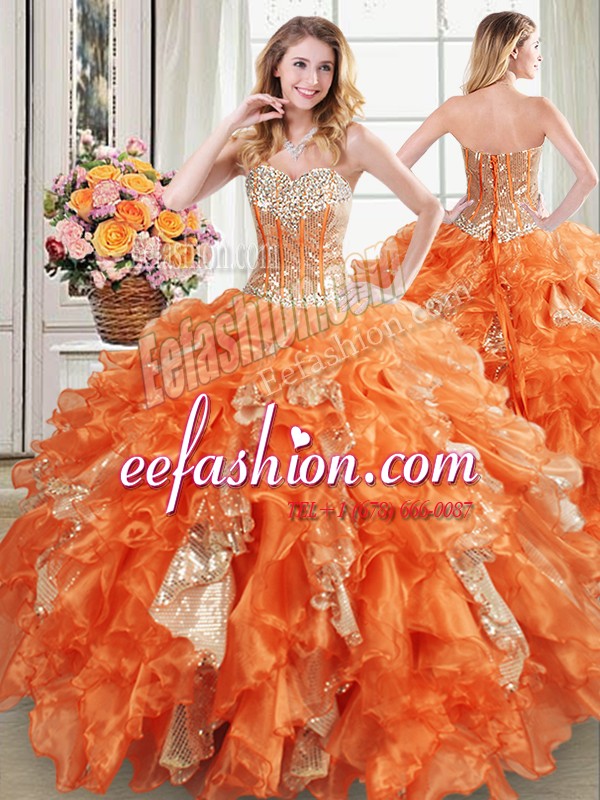 Spectacular Floor Length Lace Up Quinceanera Gown Orange for Military Ball and Sweet 16 and Quinceanera with Beading and Ruffles and Sequins
