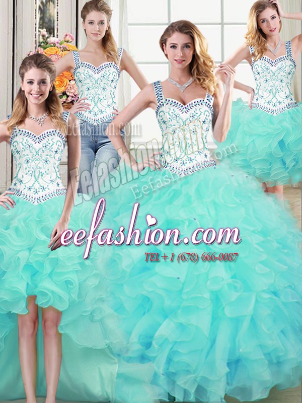  Four Piece Straps Floor Length Lace Up Quince Ball Gowns Aqua Blue for Military Ball and Sweet 16 and Quinceanera with Beading and Lace and Ruffles