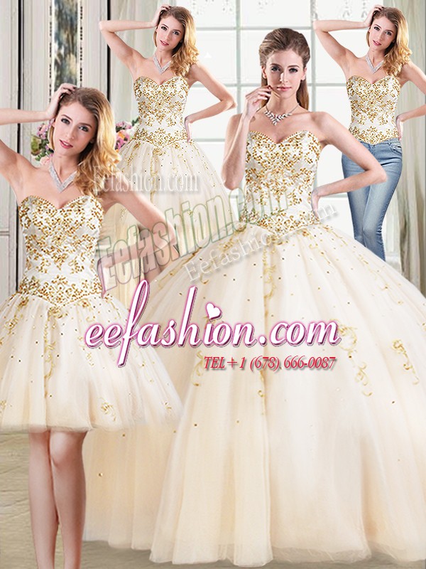 Fitting Four Piece Sweetheart Sleeveless 15 Quinceanera Dress Floor Length Beading Champagne Tulle