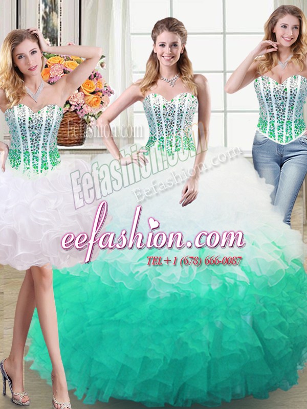  Three Piece Organza Sweetheart Sleeveless Lace Up Beading and Ruffles Sweet 16 Quinceanera Dress in White and Green
