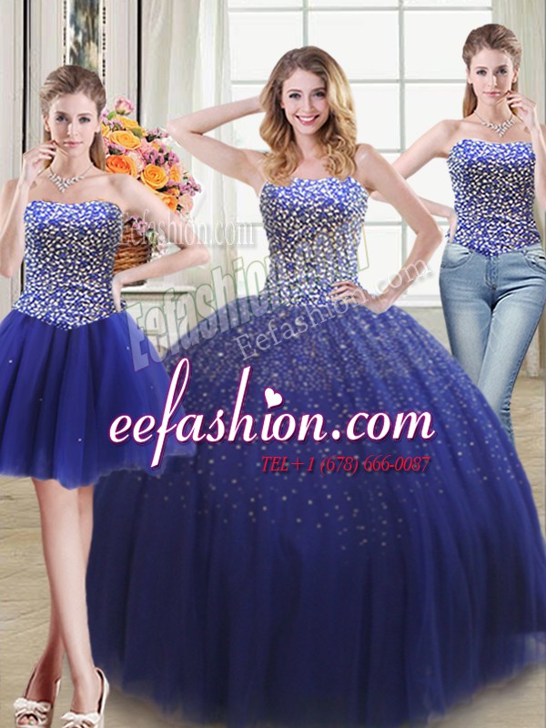 Colorful Three Piece Floor Length Lace Up Sweet 16 Quinceanera Dress Royal Blue for Military Ball and Sweet 16 and Quinceanera with Beading