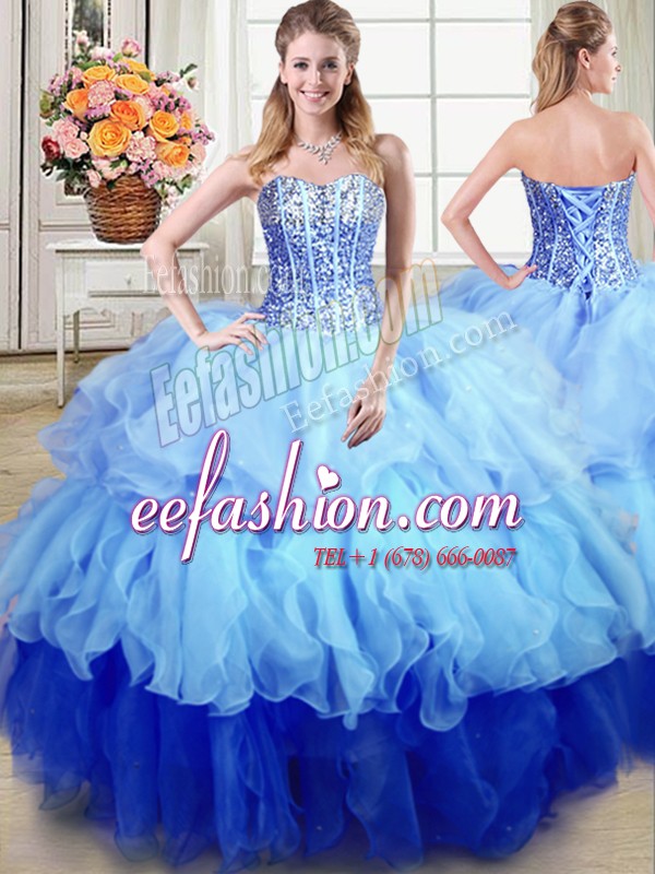 Attractive Sweetheart Sleeveless Organza 15 Quinceanera Dress Ruffles and Sequins Lace Up