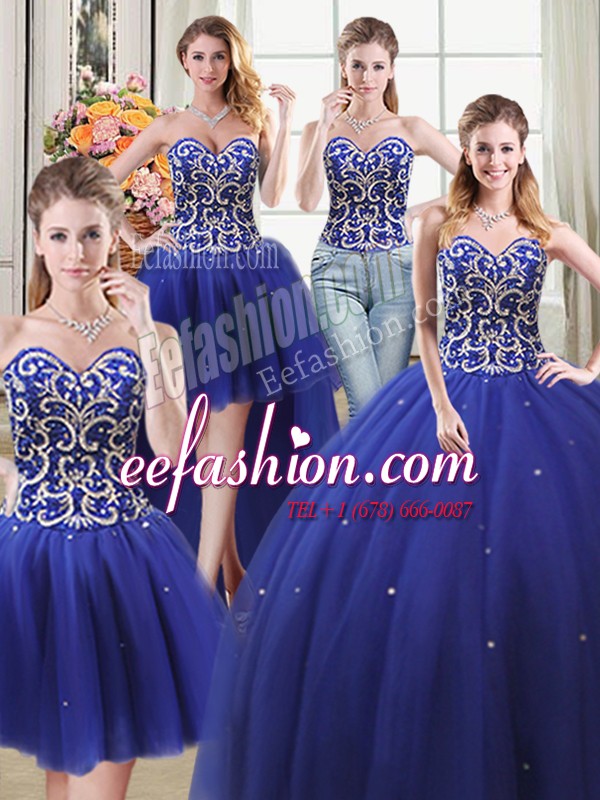  Four Piece Sweetheart Sleeveless Lace Up Quinceanera Gown Royal Blue Tulle