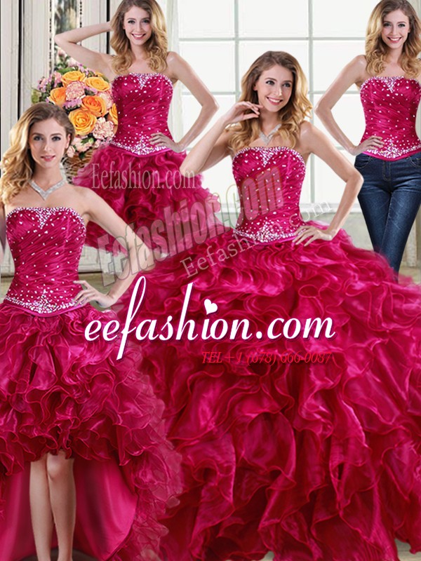  Four Piece Fuchsia Organza Lace Up Quinceanera Gowns Sleeveless Floor Length Beading and Ruffles