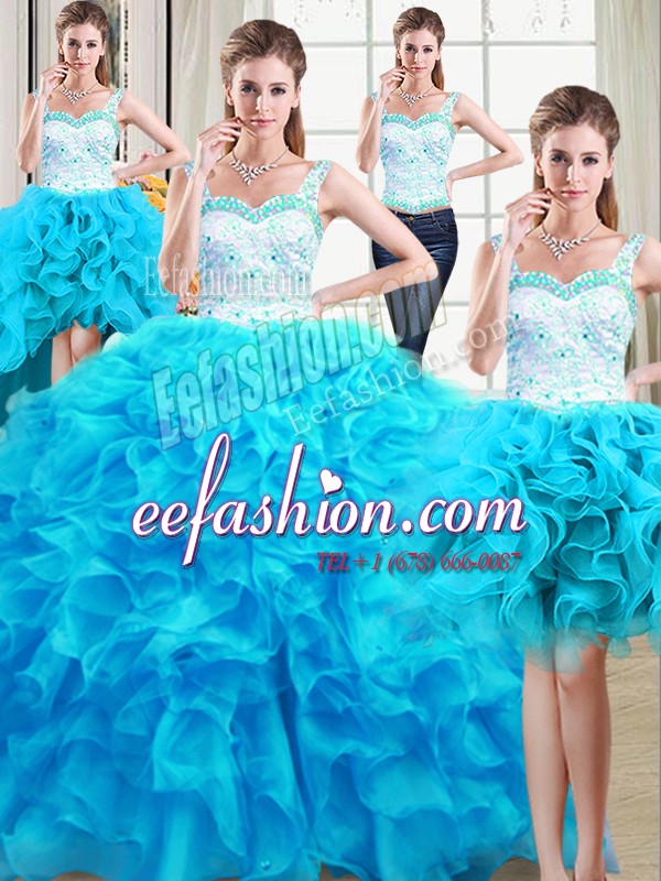  Four Piece Straps Baby Blue Sleeveless Floor Length Beading and Ruffles Lace Up 15th Birthday Dress