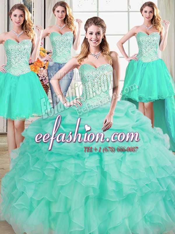  Four Piece Sweetheart Sleeveless Quinceanera Gown Floor Length Beading and Ruffles and Pick Ups Apple Green Organza
