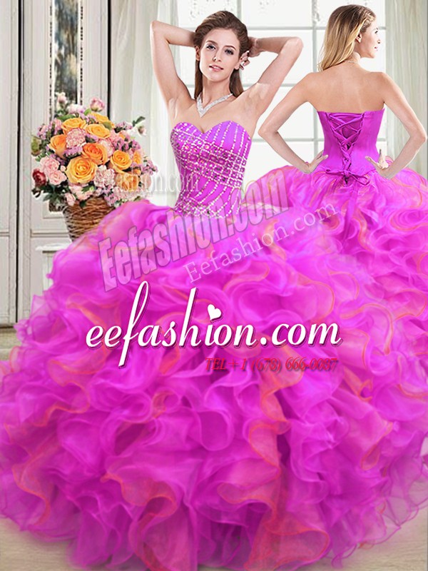 Chic Organza Sweetheart Sleeveless Lace Up Beading and Ruffles Quince Ball Gowns in Multi-color