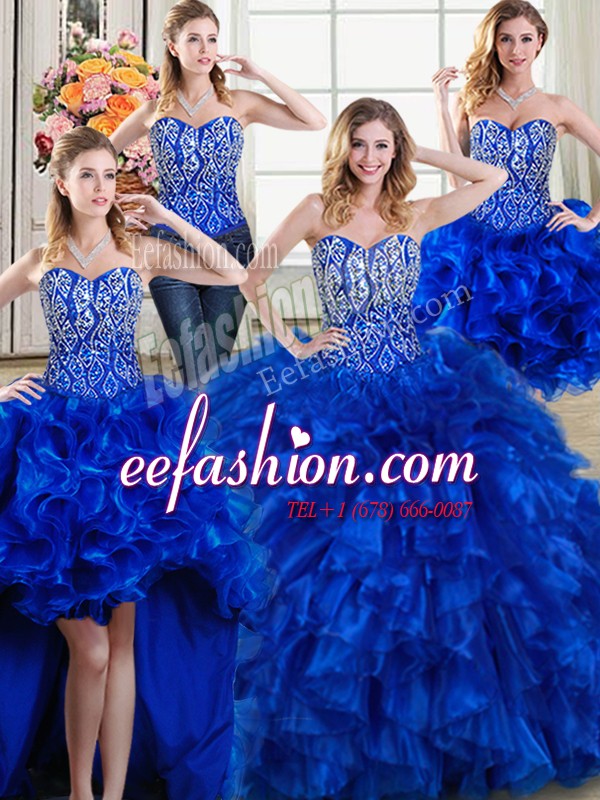 Glamorous Four Piece Ball Gowns Sleeveless Royal Blue Ball Gown Prom Dress Brush Train Lace Up