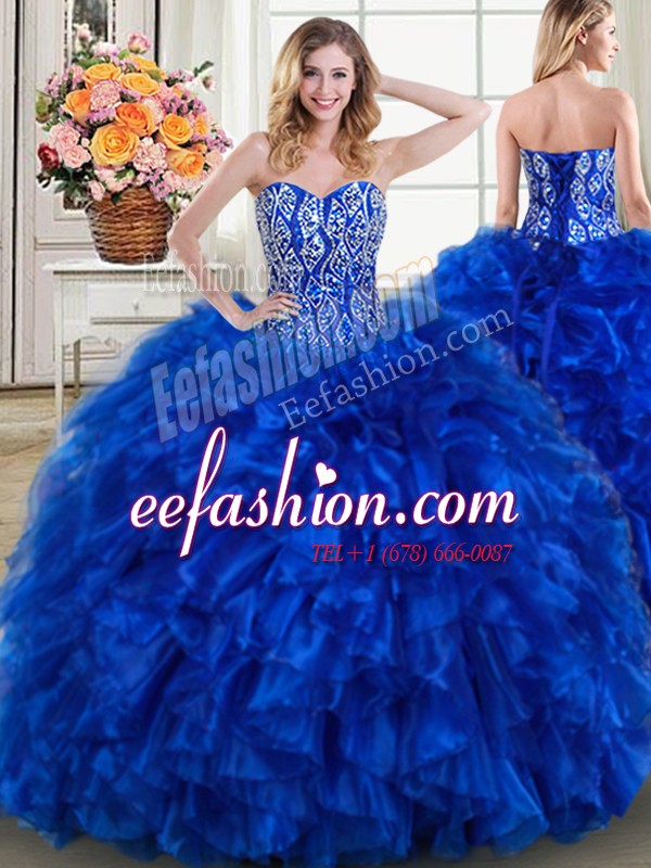  Sweetheart Sleeveless Sweet 16 Quinceanera Dress With Brush Train Beading and Ruffles Royal Blue Organza