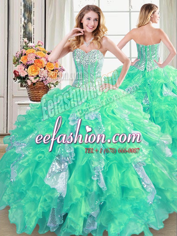  Turquoise Sleeveless Floor Length Beading and Ruffles and Sequins Lace Up Quinceanera Dress