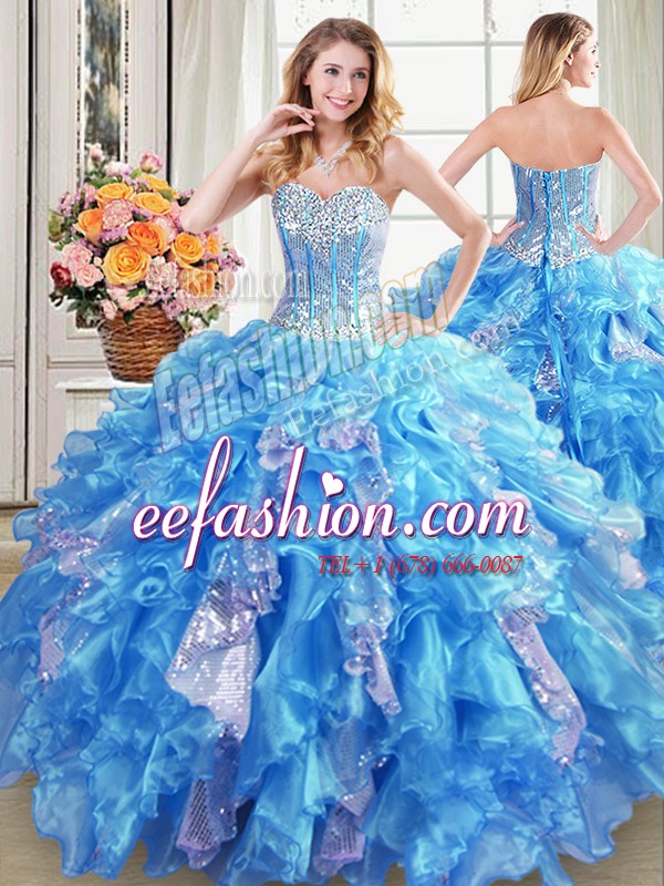  Baby Blue Vestidos de Quinceanera Military Ball and Sweet 16 and Quinceanera and For with Beading and Ruffles and Sequins Sweetheart Sleeveless Lace Up