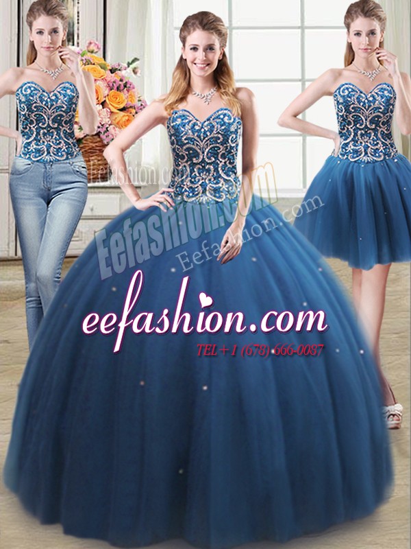 Elegant Three Piece Sleeveless Lace Up Floor Length Beading Sweet 16 Dresses