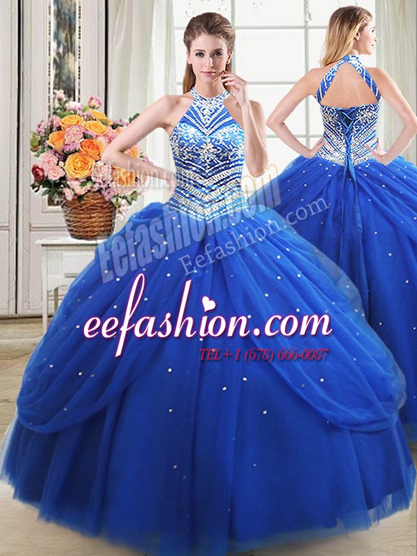  Halter Top Sleeveless Floor Length Beading and Pick Ups Lace Up Sweet 16 Dresses with Royal Blue