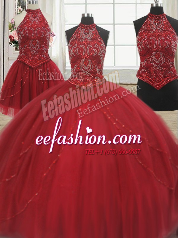  Three Piece Red Halter Top Lace Up Beading Vestidos de Quinceanera Court Train Sleeveless