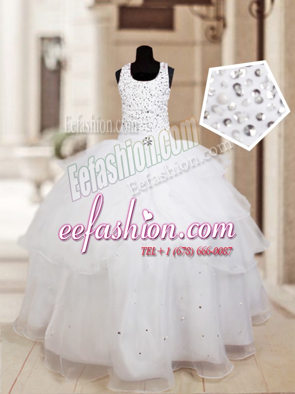  Halter Top Floor Length Lace Up Flower Girl Dress White for Quinceanera and Wedding Party with Beading and Ruffled Layers