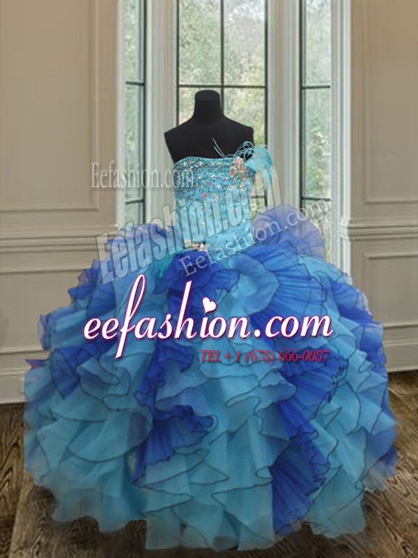 Affordable Blue Ball Gowns Beading and Ruffles Pageant Dress Womens Lace Up Organza Sleeveless Floor Length