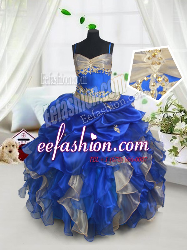 Floor Length Blue and Champagne Pageant Dress for Teens Organza Sleeveless Beading and Ruffles and Pick Ups