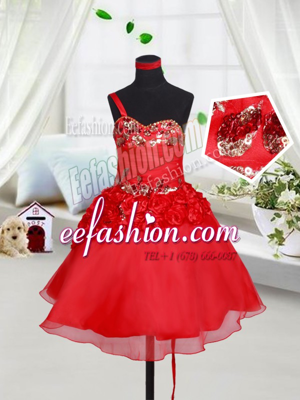 Best Selling One Shoulder Red Sleeveless Sequins and Hand Made Flower Mini Length Toddler Flower Girl Dress