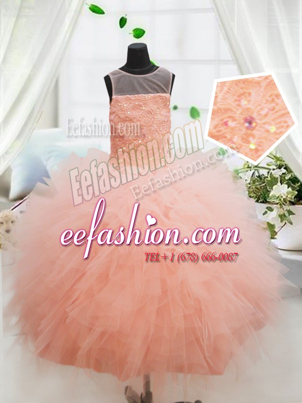 Charming Scoop Peach Sleeveless Beading and Lace and Ruffles Floor Length Custom Made Pageant Dress
