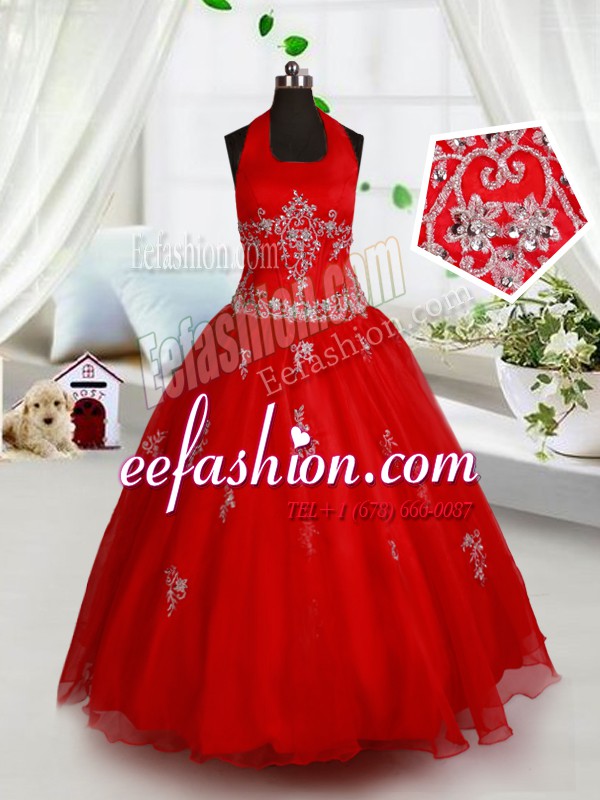 Hot Sale Ball Gowns Pageant Dress for Girls Red Halter Top Organza Sleeveless Floor Length Lace Up
