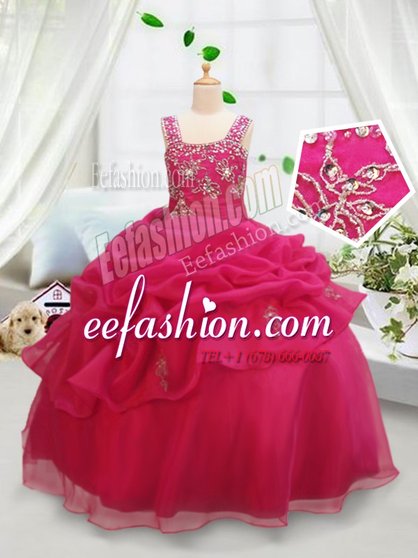  Square Pick Ups Hot Pink Sleeveless Organza Zipper Pageant Dress Toddler for Quinceanera and Wedding Party