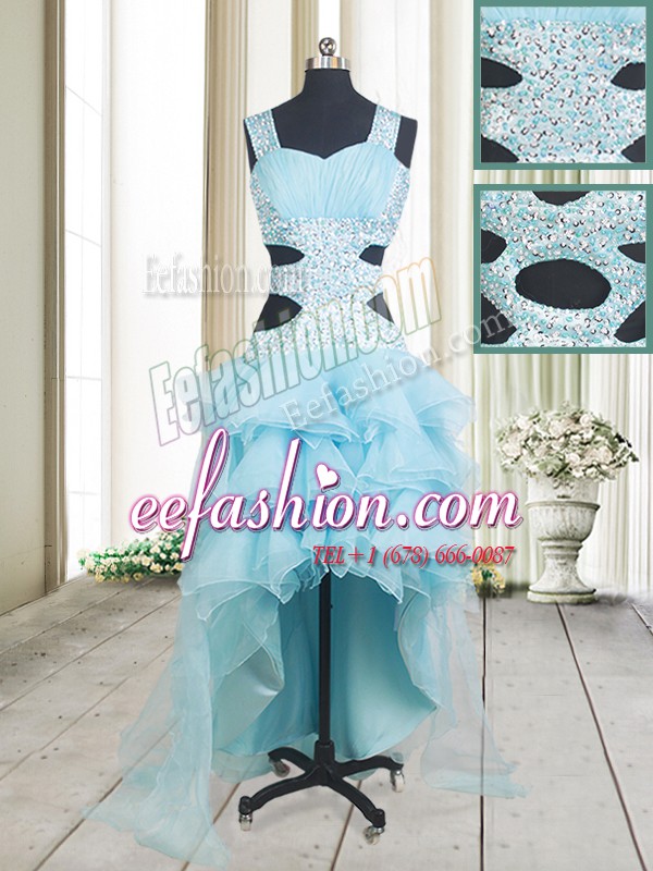 Trendy Straps Aqua Blue Criss Cross Prom Gown Beading and Ruffled Layers Sleeveless High Low
