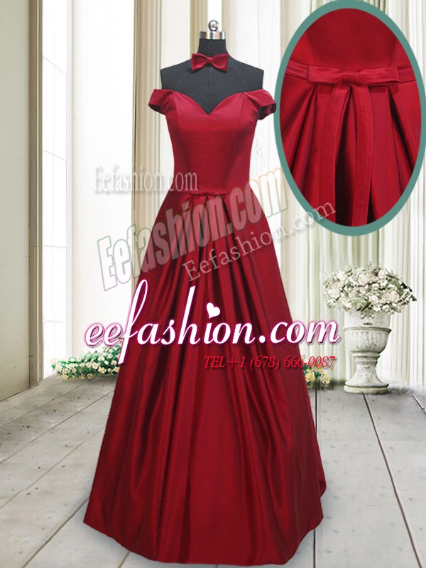 Modern Off the Shoulder Wine Red Sleeveless Ruching and Bowknot Floor Length Prom Evening Gown