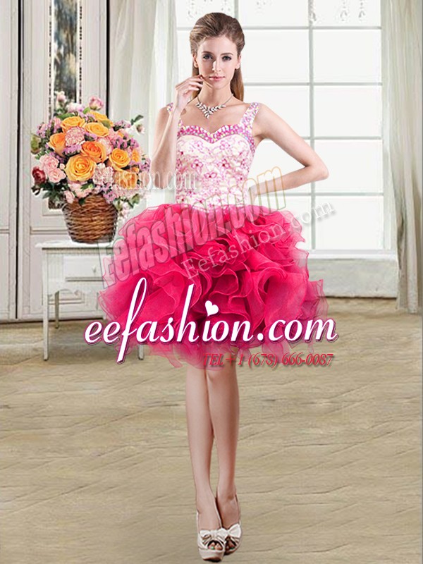  Straps Mini Length Lace Up Cocktail Dress Hot Pink for Prom and Party with Beading and Lace and Ruffles