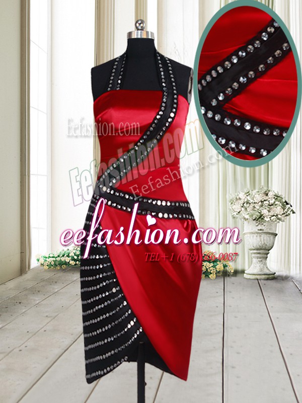 Custom Design Halter Top Beading Party Dresses Red And Black Side Zipper Sleeveless Knee Length