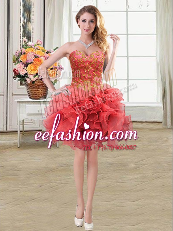 Deluxe Mini Length Coral Red Evening Dress Sweetheart Sleeveless Lace Up